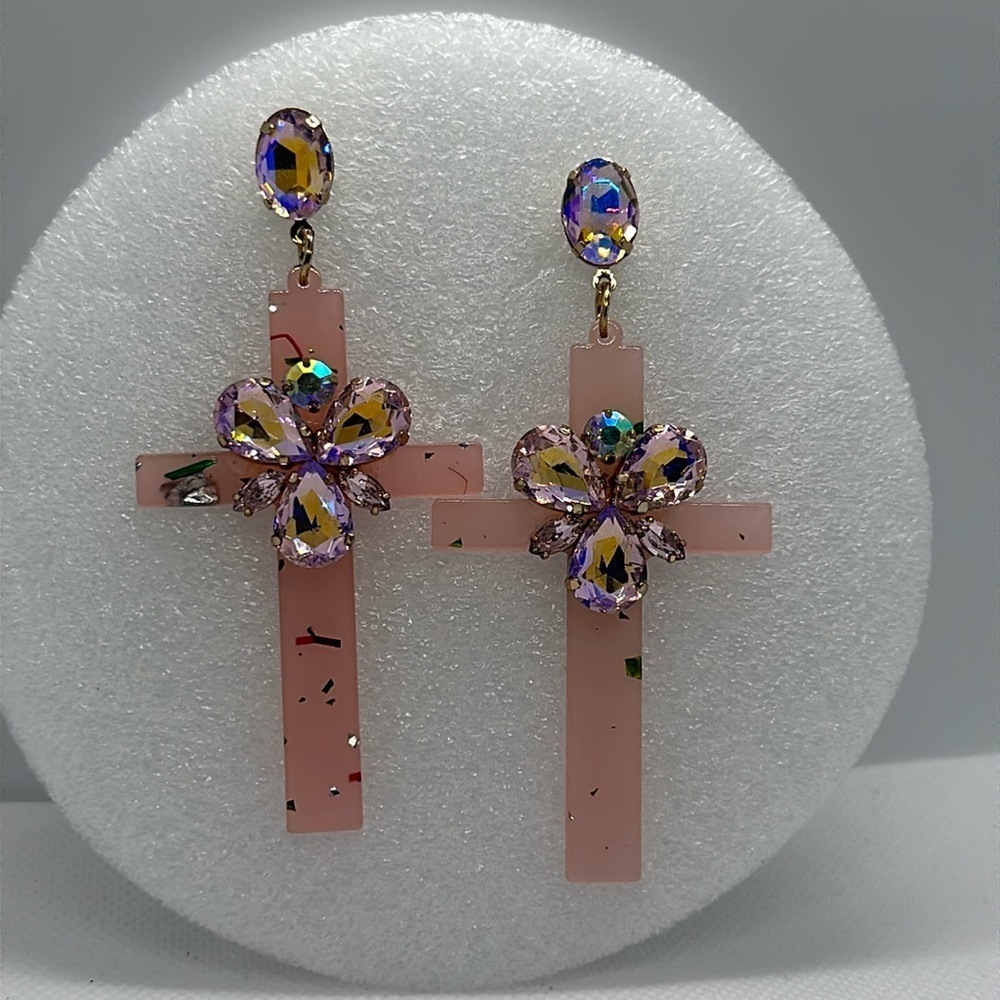 Handmade Statement Cross Earrings - Pink & Red Gem Accents - 3.75"